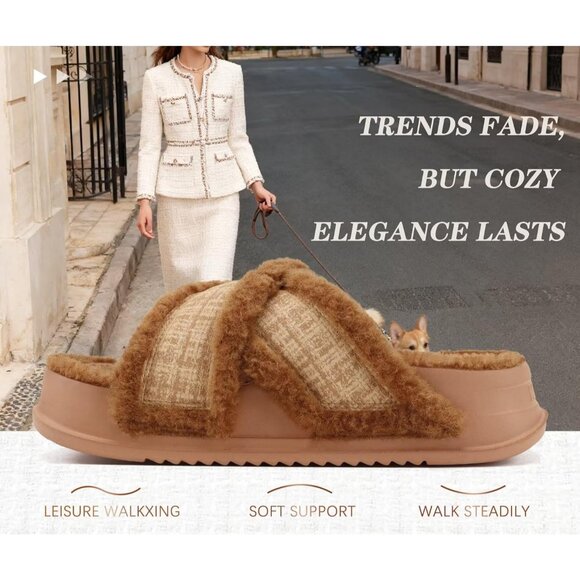 Women's Brown Fuzzy Furry Faux Fur Cross Band Arch Open Slippers Slides Shoes - Picture 8 of 8